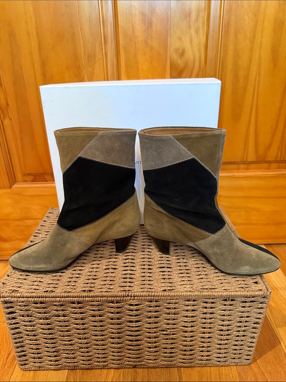Isabel Marant Two-Tone Suede Mid-Calf Boots in Olive and Black - Picture 3 of 7